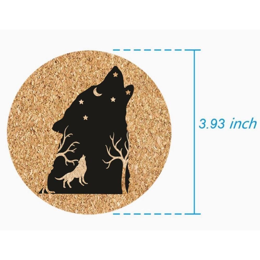 Howling Wolf Laser Engraved Cork Coasters Mystical Moon Stars Forest Silhouette